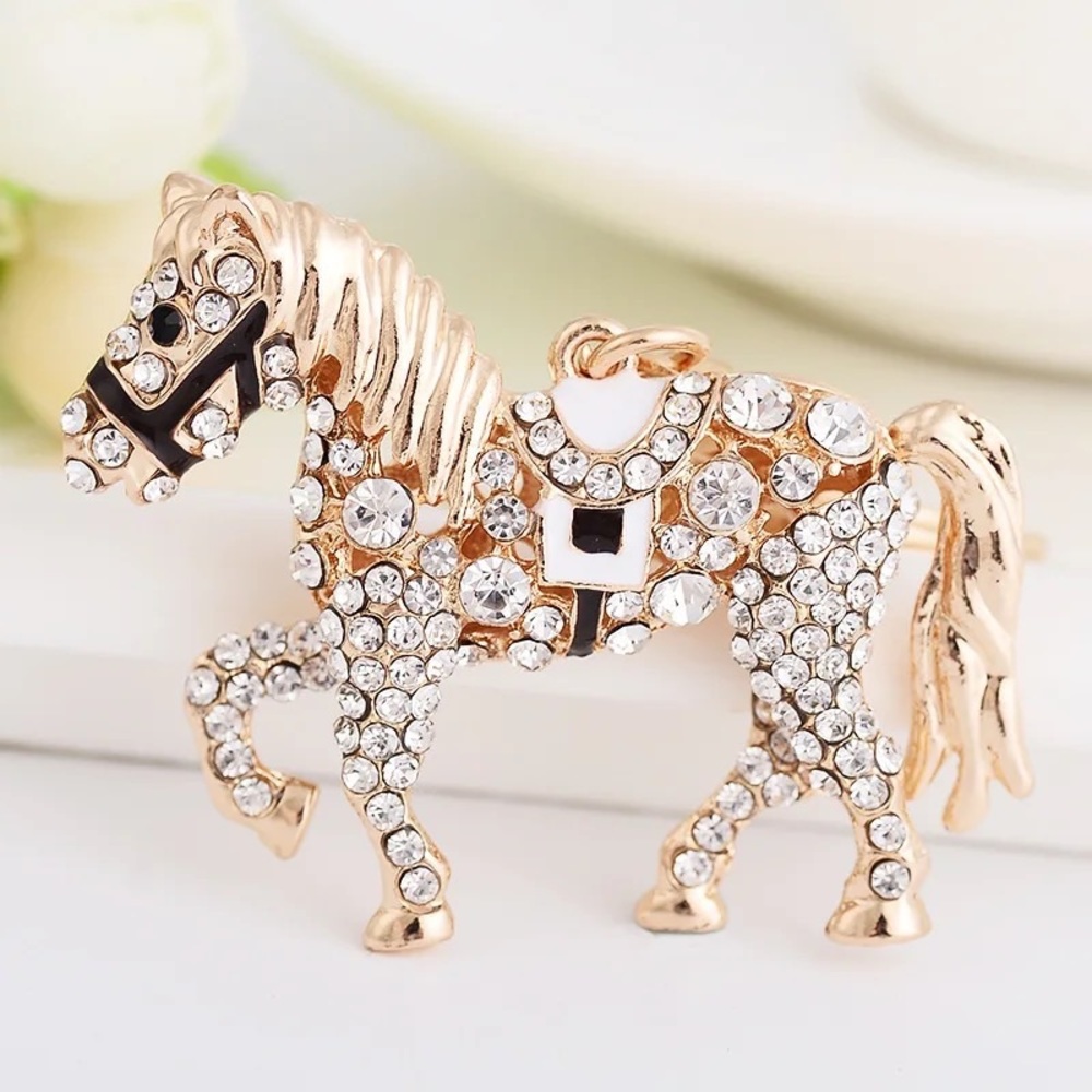 Gold and Crystal Saddled Horse Keychain Charm
